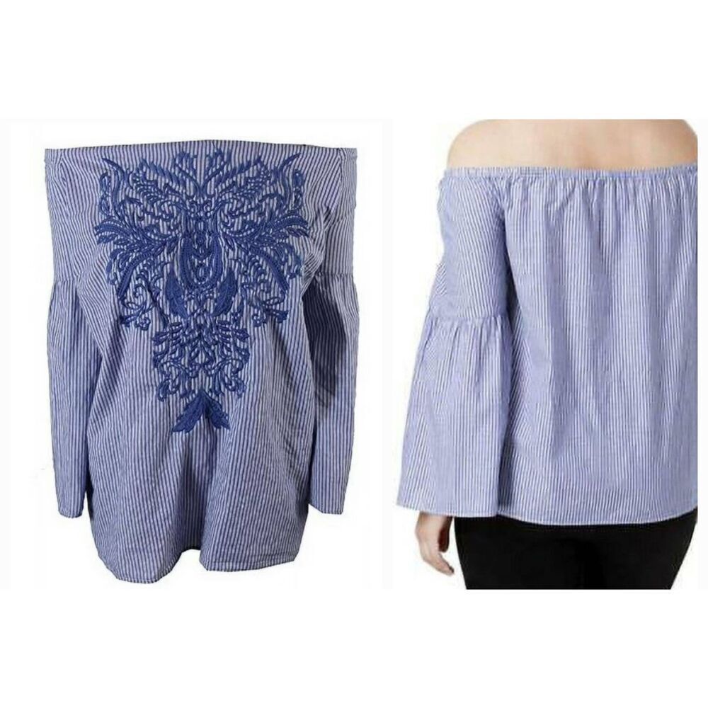 INC Sweet Meadow Blue Striped Embroidered Cotton Shoulder Top Sz 1X New